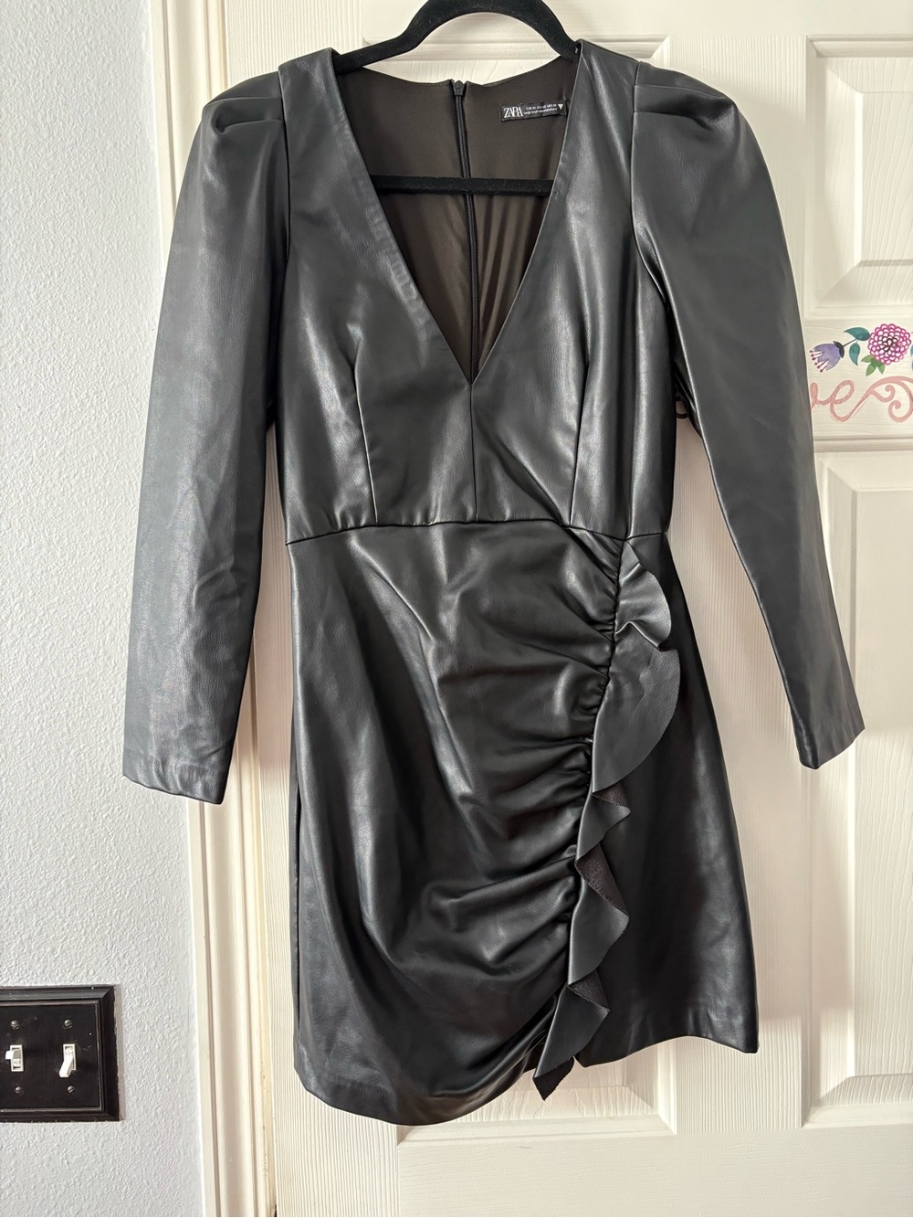 Zara Faux Leather Black V-Neck Ruffle Wrap  Cocktail Dress Size XS